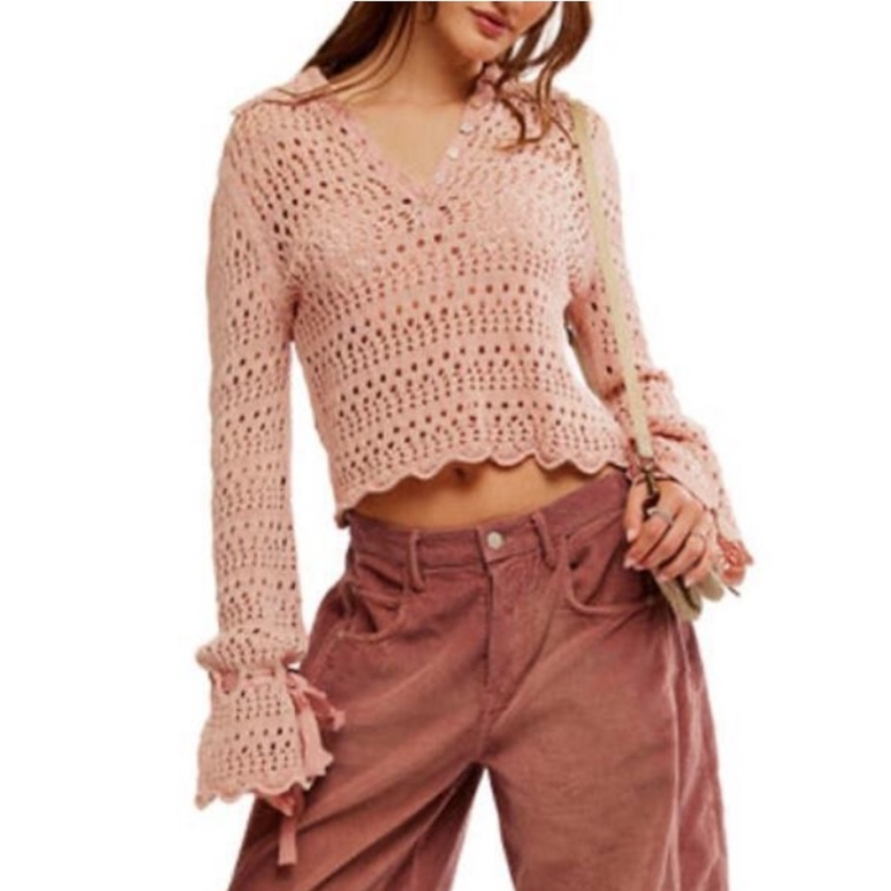 Free People Pointelle Pullover Sweater In Mauve Rose Size M